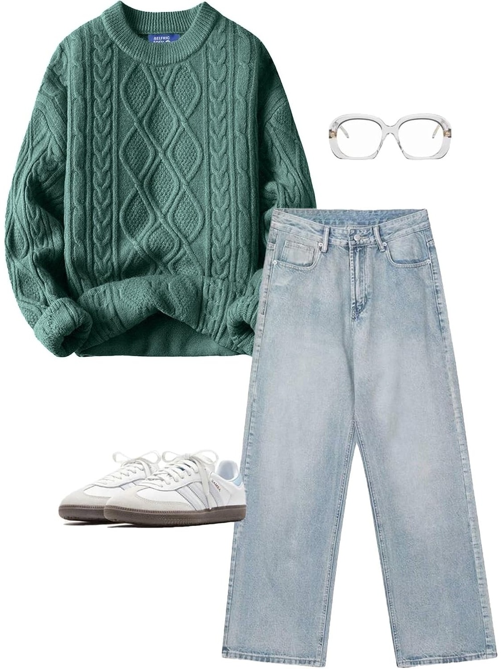 Women's Green Crewneck Pullover Knit Long Sleeve Vintage Cable Oversized Sweater